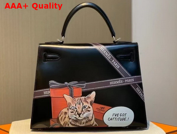 Hermes Kelly 28 in Black Printed Box Leather Replica