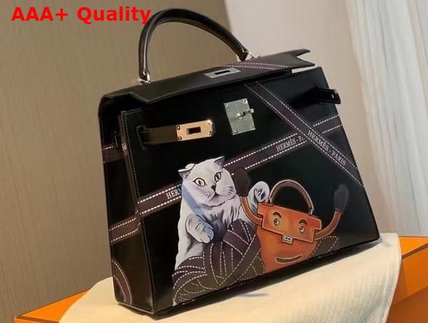 Hermes Kelly 28 in Black Printed Box Leather Replica