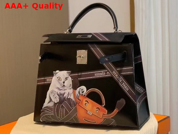 Hermes Kelly 28 in Black Printed Box Leather Replica