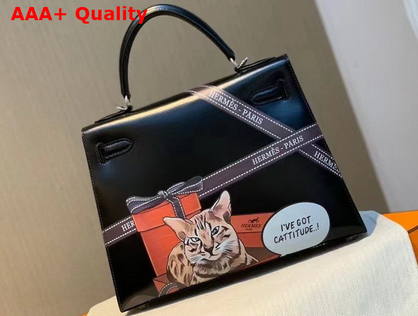 Hermes Kelly 28 in Black Printed Box Leather Replica