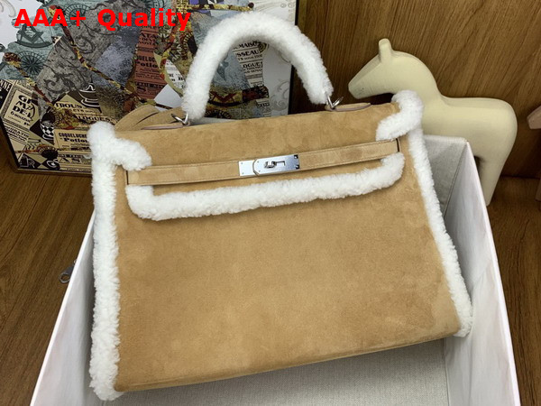 Hermes Kelly 35 in Beige Sable Suede and Shearling Replica