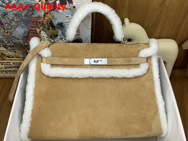 Hermes Kelly 35 in Beige Sable Suede and Shearling Replica