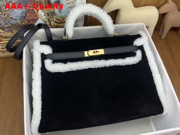 Hermes Kelly 35 in Black Suede and Shearling Replica