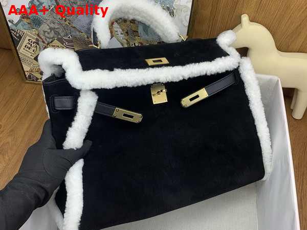 Hermes Kelly 35 in Black Suede and Shearling Replica