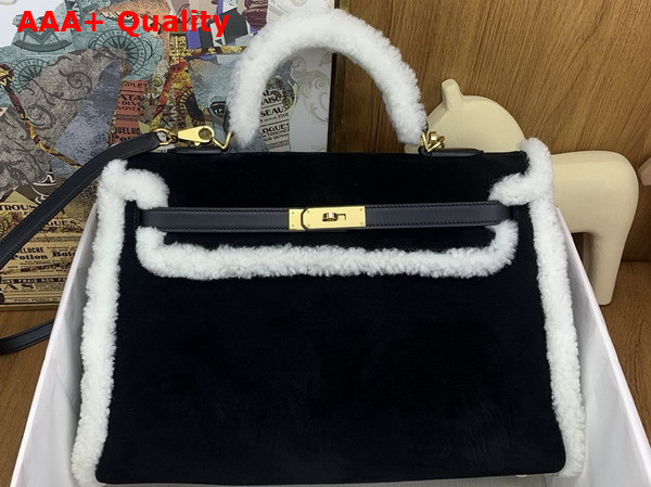 Hermes Kelly 35 in Black Suede and Shearling Replica
