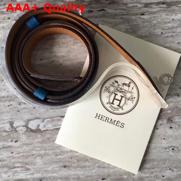 Hermes Kelly Belt in Epsom Calfskin with Palladium Plated Kelly Buckle Blue and Tan Replica