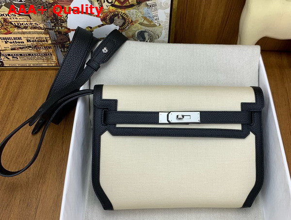Hermes Kelly Depeches 25 Pouch Canvas and Togo Leather Ivory and Black Replica