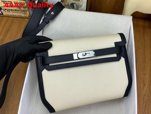 Hermes Kelly Depeches 25 Pouch Canvas and Togo Leather Ivory and Black Replica