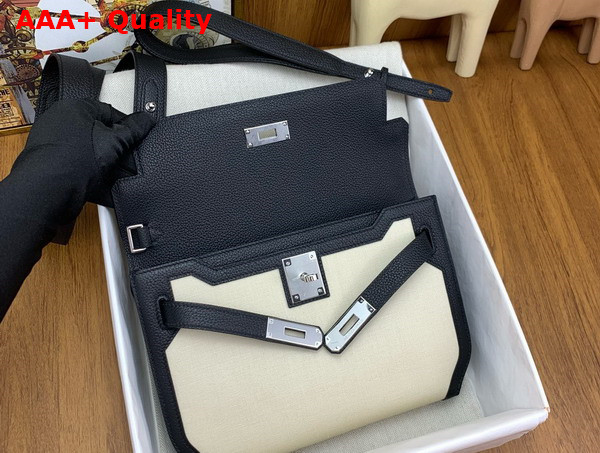 Hermes Kelly Depeches 25 Pouch Canvas and Togo Leather Ivory and Black Replica
