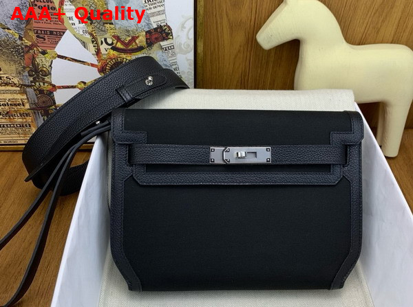 Hermes Kelly Depeches 25 Pouch in Black Canvas and Togo Leather Replica