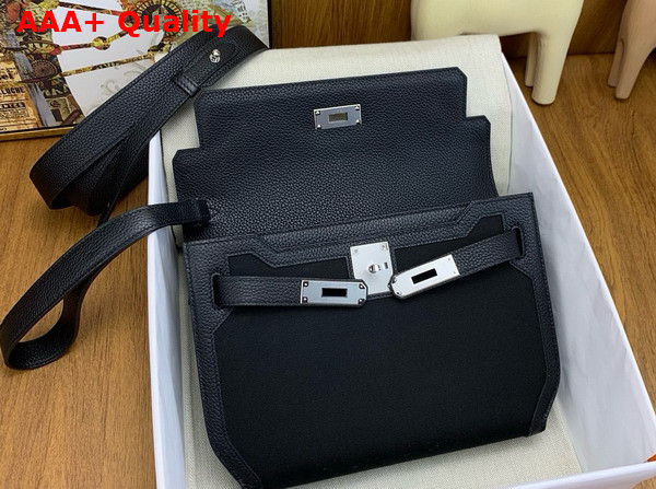 Hermes Kelly Depeches 25 Pouch in Black Canvas and Togo Leather Replica