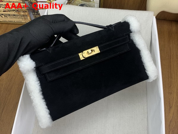 Hermes Kelly Pochette in Black Suede and Shearling Replica