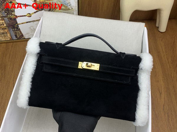 Hermes Kelly Pochette in Black Suede and Shearling Replica
