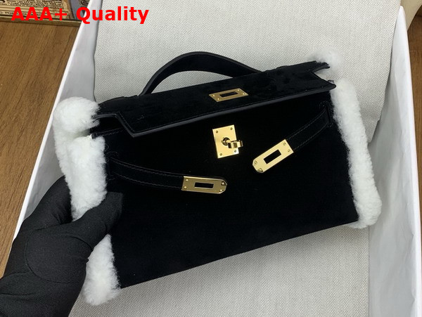 Hermes Kelly Pochette in Black Suede and Shearling Replica