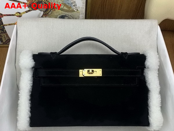 Hermes Kelly Pochette in Black Suede and Shearling Replica