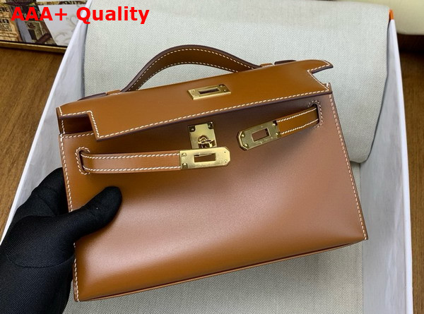 Hermes Kelly Pochette in Gold Box Leather Replica