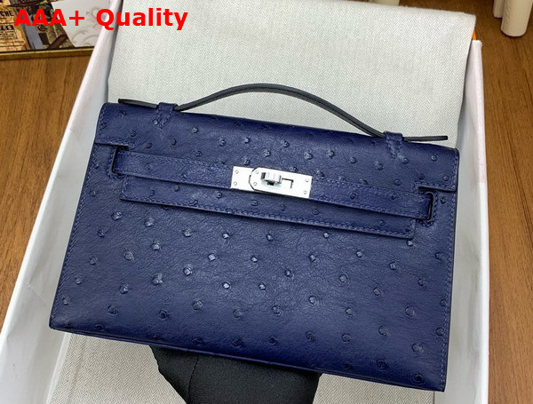 Hermes Kelly Pochette in Navy Blue Ostrich Leather Replica