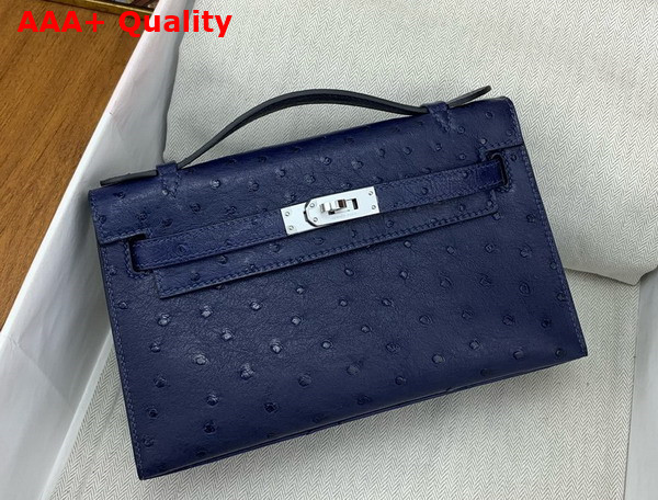 Hermes Kelly Pochette in Navy Blue Ostrich Leather Replica
