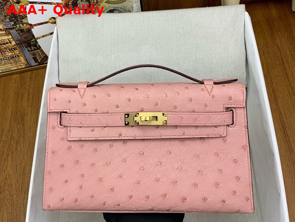 Hermes Kelly Pochette in Pink Ostrich Leather Replica