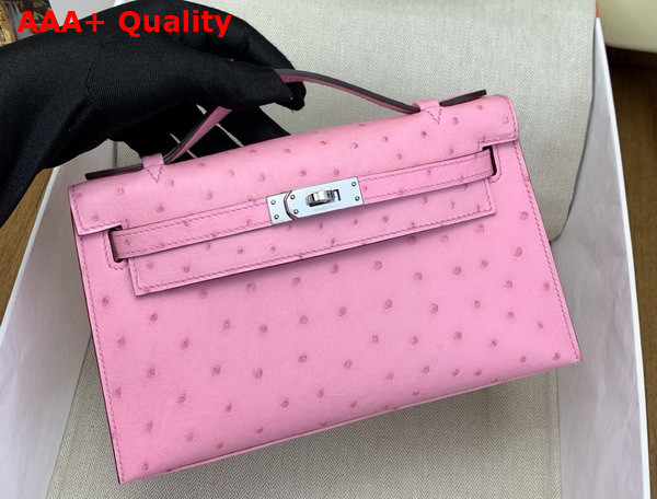Hermes Kelly Pochette in Powder Pink Ostrich Leather Replica