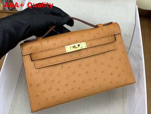 Hermes Kelly Pochette in Toffee Ostrich Leather Replica