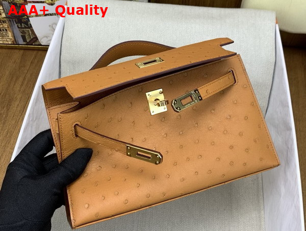 Hermes Kelly Pochette in Toffee Ostrich Leather Replica