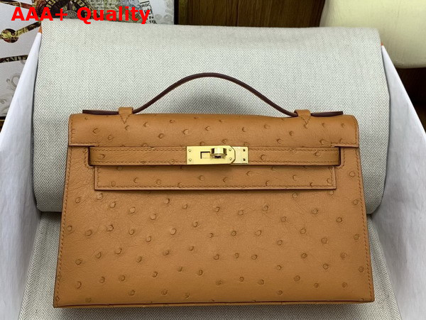 Hermes Kelly Pochette in Toffee Ostrich Leather Replica