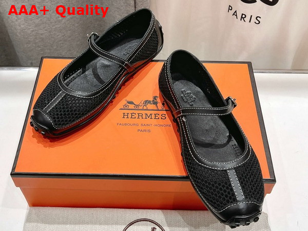 Hermes Kichu Ballet Flat in Noir Crochet Knit and Calfskin Replica