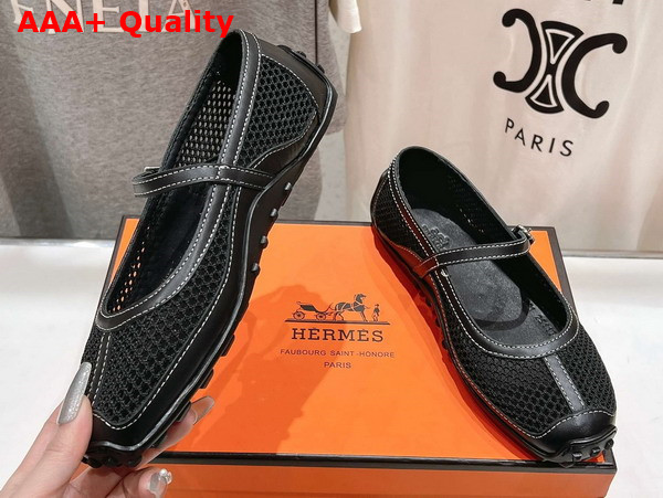 Hermes Kichu Ballet Flat in Noir Crochet Knit and Calfskin Replica