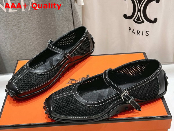 Hermes Kichu Ballet Flat in Noir Crochet Knit and Calfskin Replica