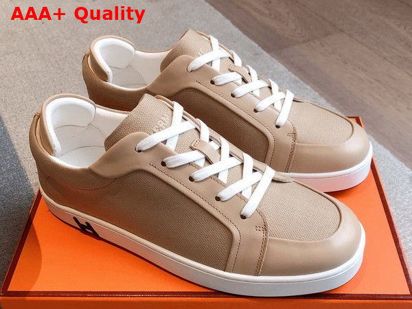 Hermes Kid Sneaker in Beige Camel Canvas and Calfskin Replica