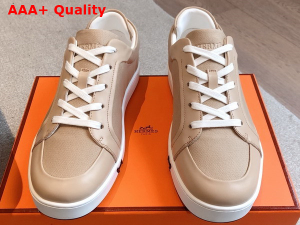 Hermes Kid Sneaker in Beige Camel Canvas and Calfskin Replica