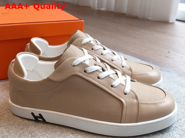 Hermes Kid Sneaker in Beige Camel Canvas and Calfskin Replica