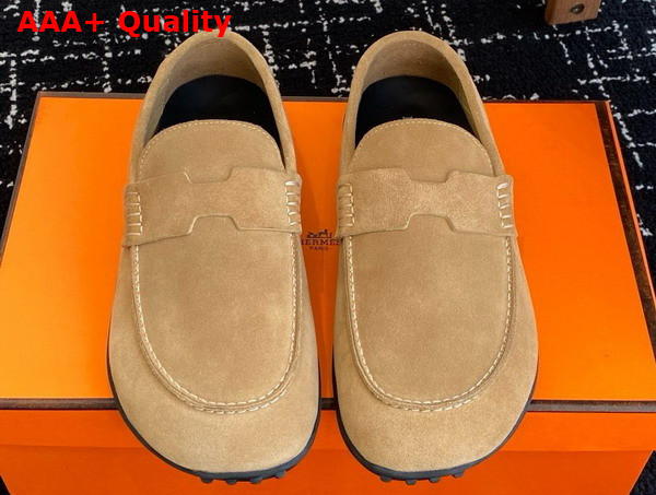 Hermes Lazy Loafer in Beige Albatre Suede Calfskin Replica