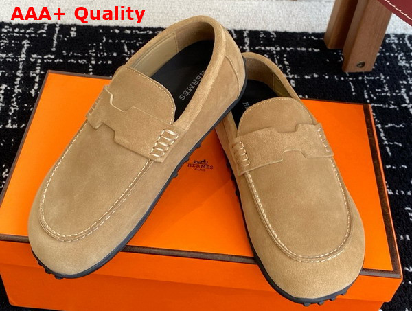 Hermes Lazy Loafer in Beige Albatre Suede Calfskin Replica