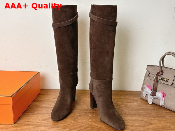 Hermes Leaping 90 Boot in Dark Brown Suede Calfskin Replica