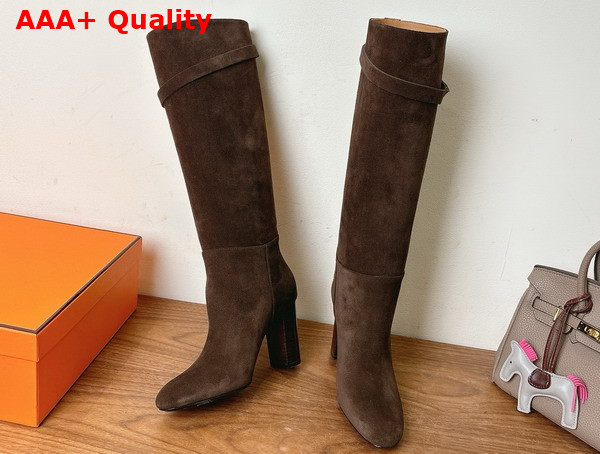Hermes Leaping 90 Boot in Dark Brown Suede Calfskin Replica