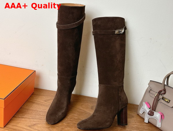 Hermes Leaping 90 Boot in Dark Brown Suede Calfskin Replica