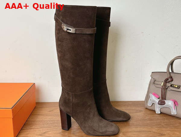 Hermes Leaping 90 Boot in Dark Brown Suede Calfskin Replica