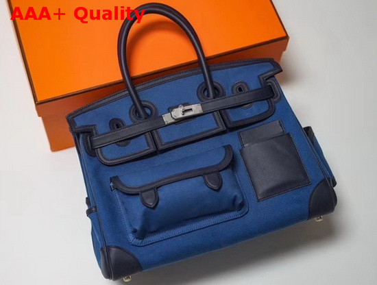 Hermes Limited Edition Cargo Birkin 35 cm Blue Swift Calfskin and Canvas Replica
