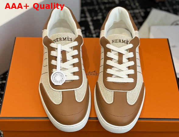 Hermes Match Sneaker in H Canvas and Calfskin Ecru and Tan Replica