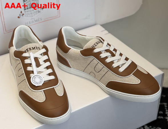 Hermes Match Sneaker in H Canvas and Calfskin Ecru and Tan Replica