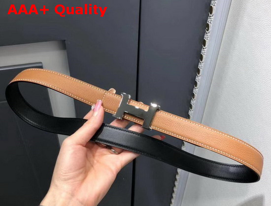 Hermes Mini Constance Belt Buckle Reversible Leather Strap 24mm in Epsom Calfskin Tan and Black Replica
