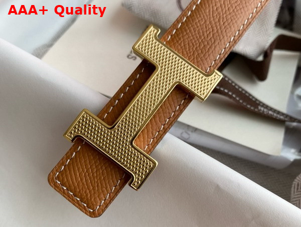 Hermes Mini Constance Guillochee Belt Buckle Reversible Leather Strap 24mm Tan and Black Perforated Leather Replica