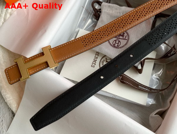 Hermes Mini Constance Guillochee Belt Buckle Reversible Leather Strap 24mm Tan and Black Perforated Leather Replica