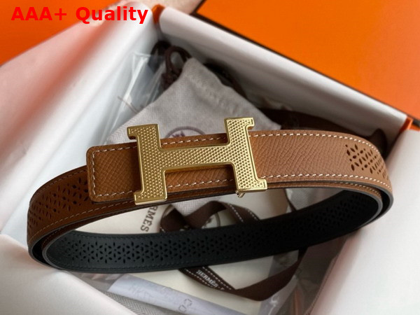 Hermes Mini Constance Guillochee Belt Buckle Reversible Leather Strap 24mm Tan and Black Perforated Leather Replica