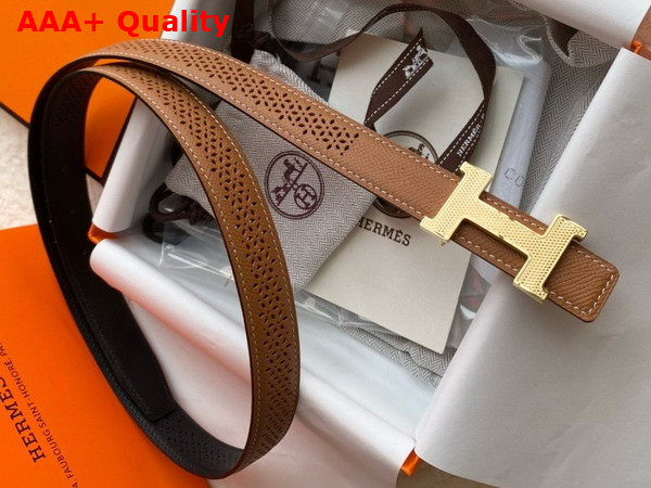 Hermes Mini Constance Guillochee Belt Buckle Reversible Leather Strap 24mm Tan and Black Perforated Leather Replica