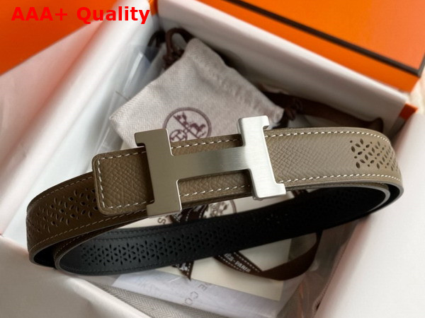 Hermes Mini Constance Martelee Belt Buckle Reversible Leather Strap 24mm Grey and Black Perforated Leather Replica