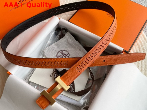 Hermes Mini Constance Martelee Belt Buckle Reversible Leather Strap 24mm Orange and Black Perforated Leather Replica