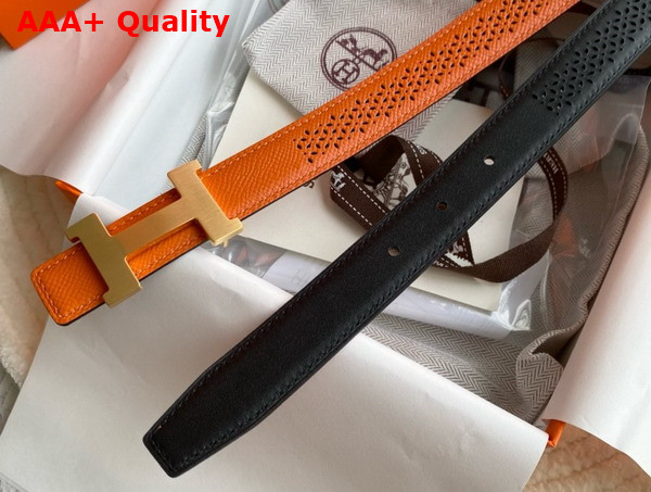 Hermes Mini Constance Martelee Belt Buckle Reversible Leather Strap 24mm Orange and Black Perforated Leather Replica